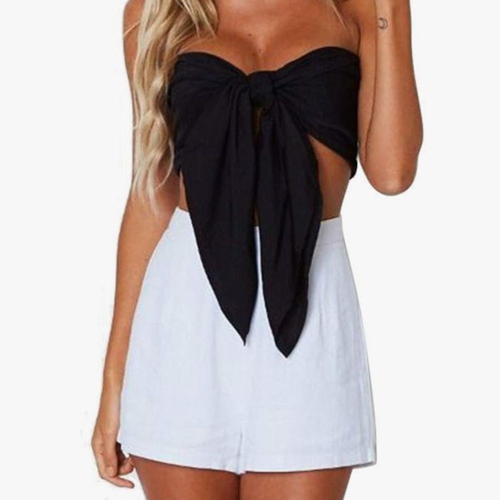 Women’s Bandeau Crop Top - Tie Closure, Strapless, Tube Top w/ Bow tie-Black-NEW